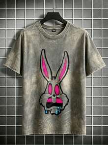 Unisex Men's All-Season T-Shirt, Loose Fit, Vintage Washed Fabric, Neon Pink Rabbit Head Print With Water Droplets, Ideal For Football, Urban Street Look, Father's Day Gift - 鉛灰色 - 查看 1