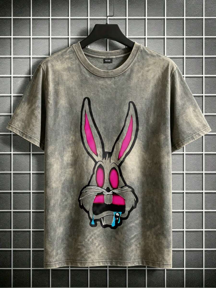 Unisex Men's All-Season T-Shirt, Loose Fit, Vintage Washed Fabric, Neon Pink Rabbit Head Print With Water Droplets, Ideal For Football, Urban Street Look, Father's Day Gift - 鉛灰色 - 查看 1