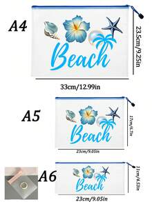 多色防水時尚網格沙灘包，印有「Beach」字樣的化妝包，羽毛花朵、扶桑花、海星、貝殼和珍珠元素，大容量透明化妝包，尼龍拉鍊盥洗包，輕巧，可存放防曬霜、零食、比基尼和沙灘必需品。春/夏防曬收納，適合游泳、沙灘、潛水和夏季度假，學生返校，送給朋友、家人、閨蜜、同學的禮物。生日、節日、派對、婚禮（伴娘）、郵輪必需品、畢業 - 彩色 - 查看 11