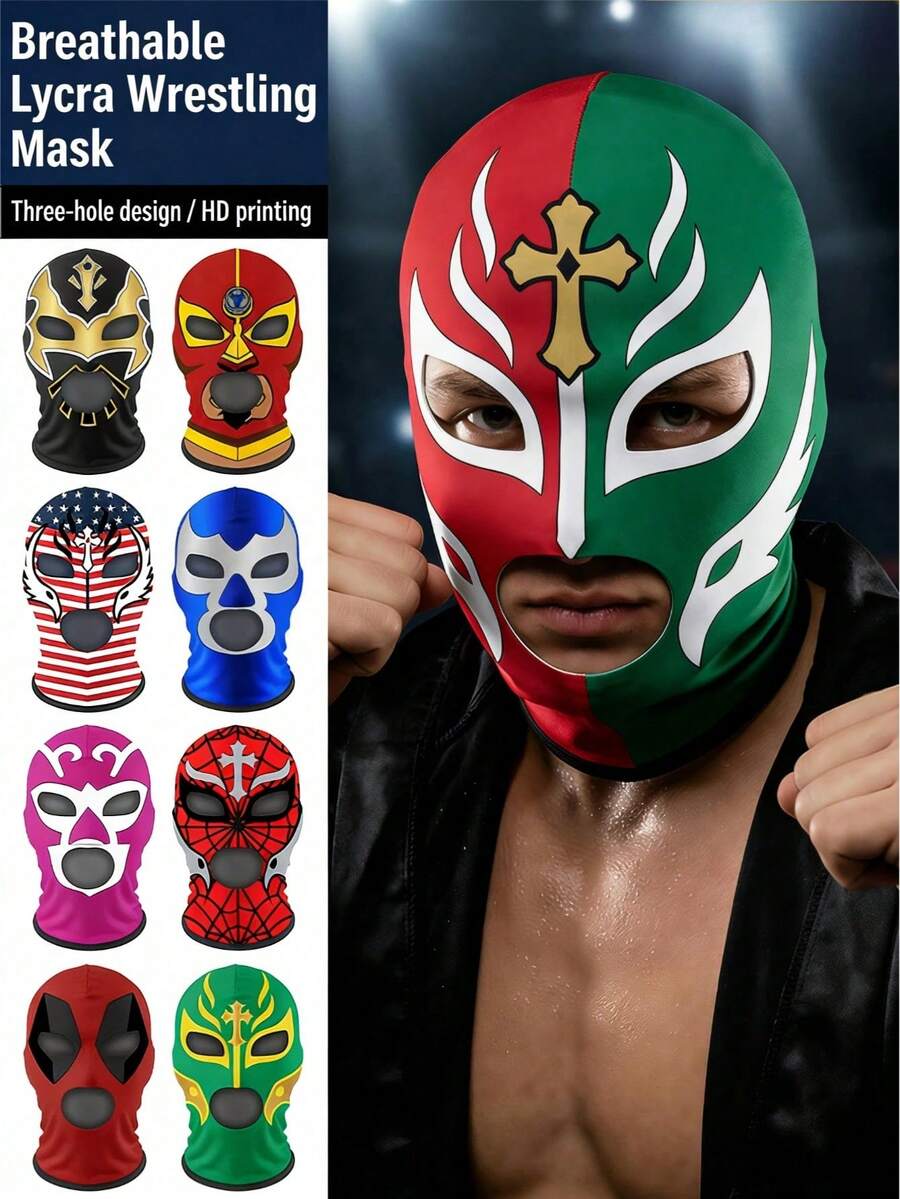 酷炫男士墨西哥 Lucha Libre 面具,防汗貼身英雄印花全臉拉法帽,牛奶絲透氣格鬥面罩,適合演員,趣味摔跤服飾配件,適用萬聖節派對、Cosplay 與角色扮演 - 彩色 - 查看 1