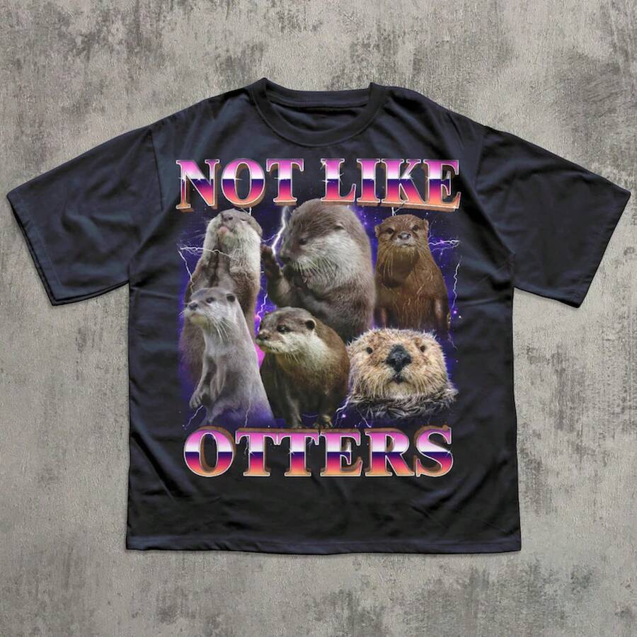 'Not Like An Otter' T-Shirt, Ironic Animal T-Shirt, Gift For Otter Lovers, 90s Retro Animal Meme T-Shirt, Vintage Wildlife Graphic T-Shirts - 黑色 - 查看 1