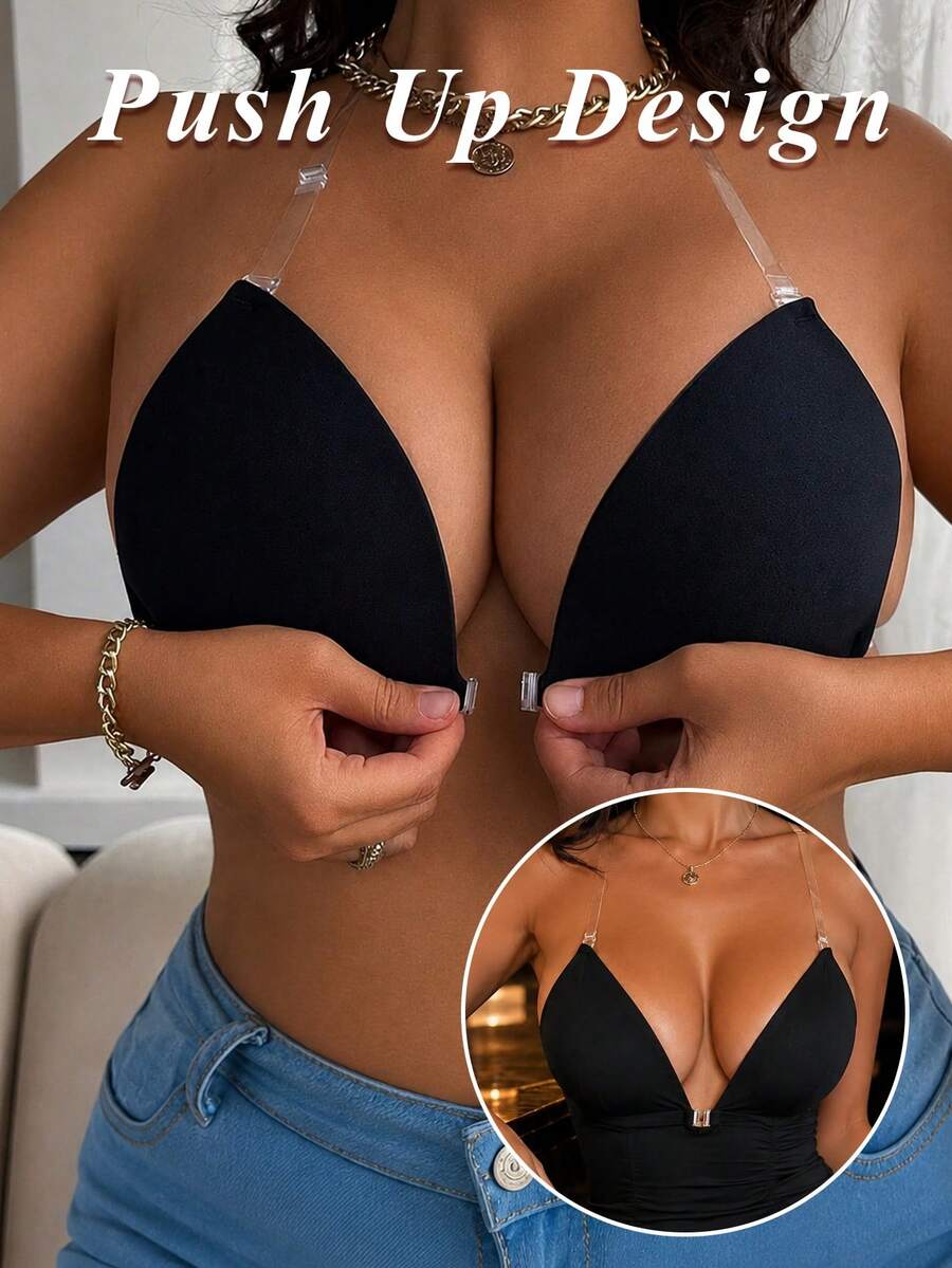 Women's Invisible Front-Fastening Adhesive Push-Up Bra With Removable Transparent Straps, Ideal For Backless Dresses, Nightclubs And Formal Occasions - Multicolor - View 1