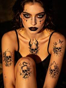 30pcs Black Skull Tattoo Stickers, Including Snake, Skull, Butterfly And Other Pattern Stickers, Temporary Realistic Tattoo Stickers, Waterproof And Long-Lasting Pattern Tattoo Stickers Suitable For Arms, Collarbones, Wrists And Other Body Parts - Black - View 3