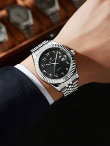 1pc Men's Quartz Watch, Arabic Numeral Watch, Durable Stainless Steel Band Material, Date Function, Suitable For Any Occasion, With Box! - Silver - View 9