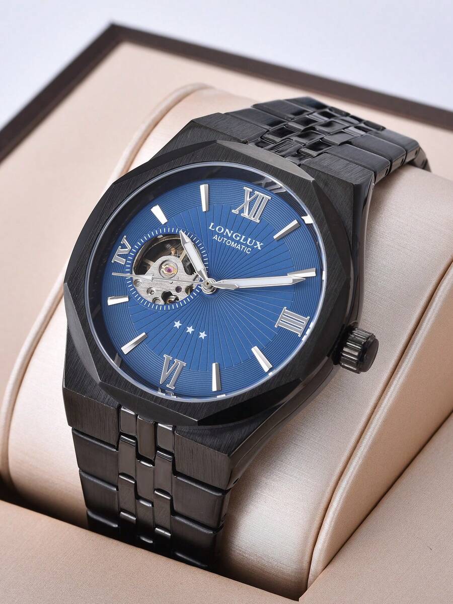 LONGLUX 1pc Men's Automatic Mechanical Watch With Hollow Roman Mixed Dial, Luxury Business Style Stainless Steel Band Wristwatch, Suitable For Daily Wear And Holiday Gift