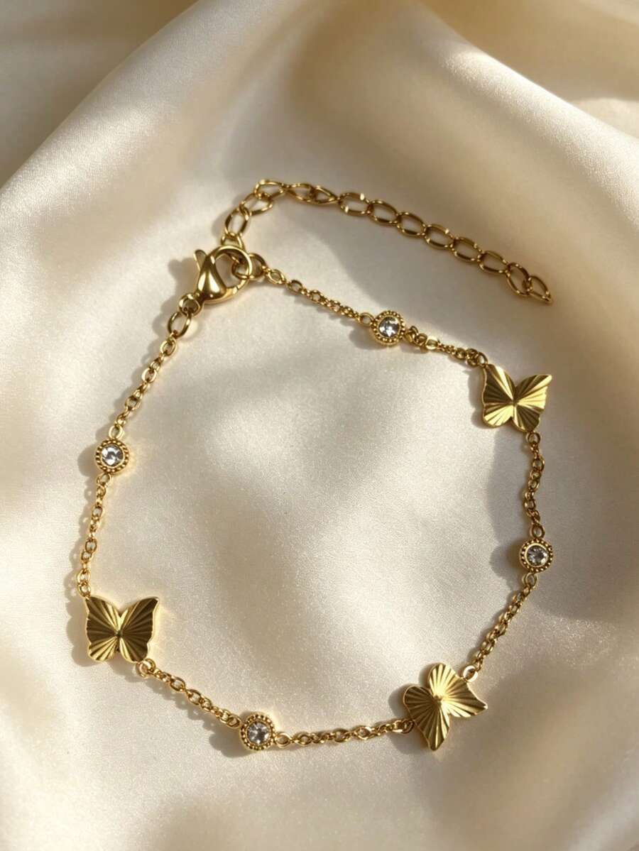 18K,Gold Textured Butterfly Charm Bracelet Round Bezel Zirconia Inlay Adjustable Extension Chain Women Dainty Jewelry - Butterfly Bracelet - View 1