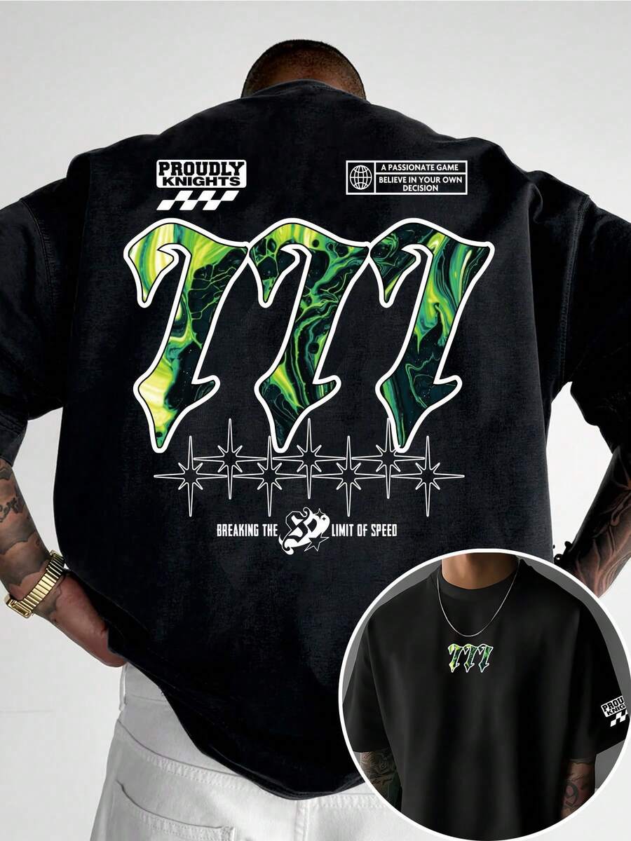 Men's Streetwear Short Sleeve T-Shirt, Men's 777 Racing High Street Summer Casual Cotton T-Shirt - Black - View 1