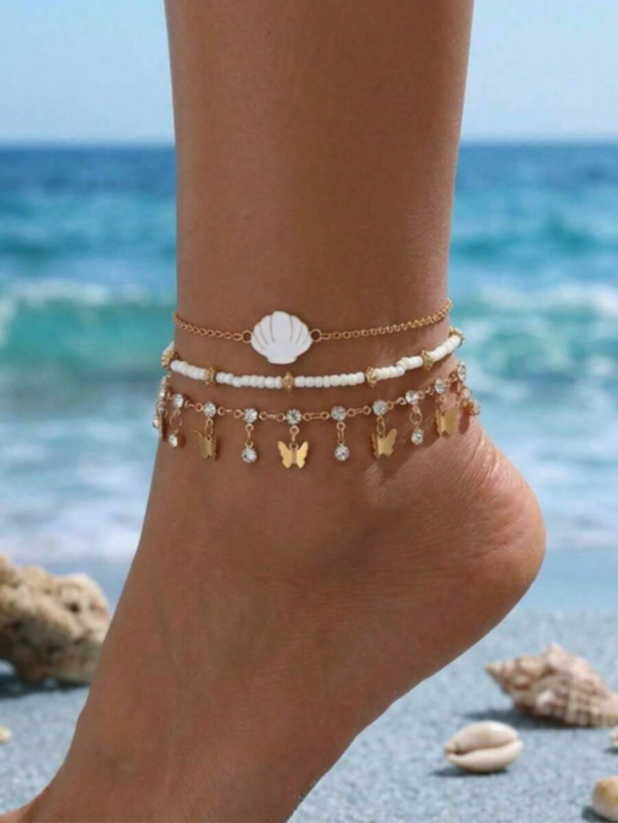 3pcs/Set Shiny Rhinestone Butterfly Tassel Anklet, With White Shell, Handmade Alloy Jewelry, Suitable For Daily Wear, Beach, Party, Music Festival - one-size - View 1