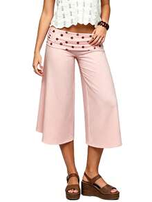 Fold Over Wide Leg Capri Pants For Women Low Rise Lounge Yoga Flare Culottes Y2k Flowy Crop Palazzo Pants - 淺粉色 - 查看 7