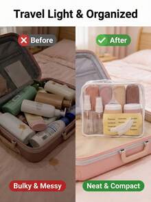 GGGold 18件套旅行瓶套装，包含4个90毫升防漏硅胶瓶、2个30毫升喷雾瓶、4个30毫升硅胶罐、1个小漏斗、3个勺子、1个清洁刷、2张装饰贴纸和1个多功能透明洗漱包，适合存放洗发水、护发素、润肤霜和其他旅行必备品，推荐用于度假和旅行。 - 彩色 - 查看 7
