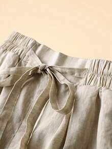 Plus Size Women's Spring Summer Casual Vacation Linen Standing Pocket Elastic Waist A-Line Shorts - Khaki - View 4