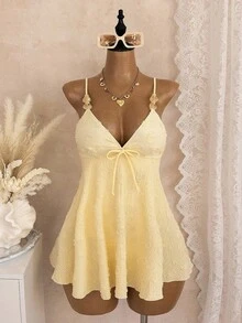 Bellisia Traje de baño de una pieza con diseño sin espalda, cruce delantero con lazo y cuentas, estilo dulce de de playa para vacaciones, para mujer - Amarillo - Ver 1
