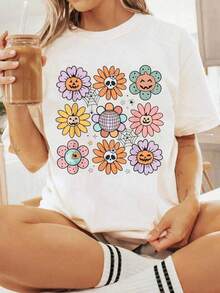 Women's 100% Cotton T-Shirt With Halloween Graphic, Retro  Halloween Flowers, Spooky Vintage Halloween T-Shirt - 白色 - 查看 1