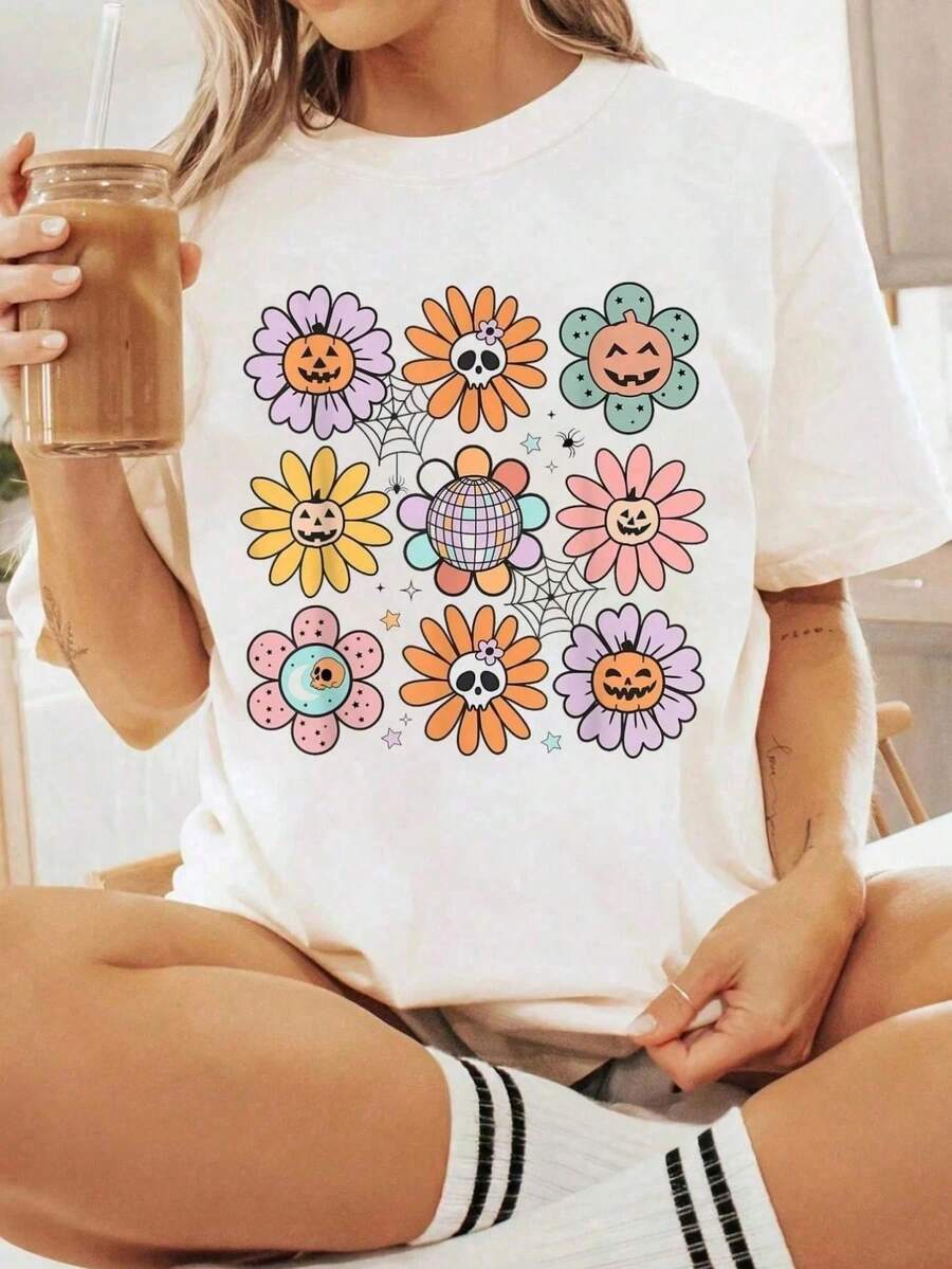 Women's 100% Cotton T-Shirt With Halloween Graphic, Retro Halloween Flowers, Spooky Vintage Halloween T-Shirt - 白色 - 查看 1