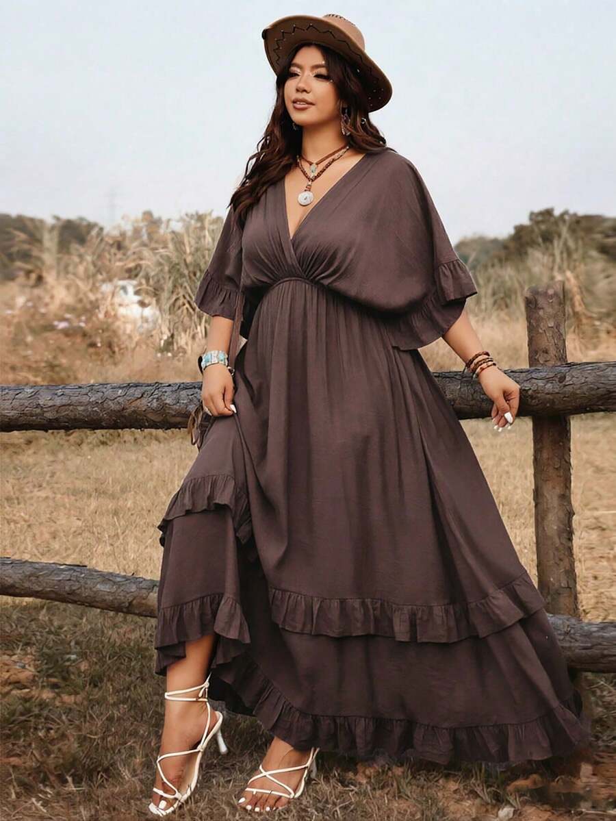 Vestido casual de vacaciones con nudo delantero, versátil para primavera y verano, talla - Café integral - Ver 1