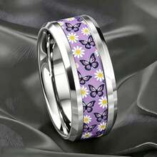Stainless Steel Purple Butterfly Daisy Ring, Glossy Hypoallergenic Fade-Resistant, Pastoral Couple Ring - Silver Butterfly With Purple Background - View 7