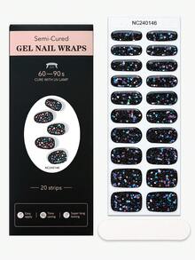 20Pcs Colorful Glitter Semi-Cured Gel Nail Strips,Black Pearl Starry Sky Self-Adhesive Gel Nail Stickers, Salon Quality, Easy To Apply, Perfect For Parties And Music Festivals DIY Nail Art - Black - View 6