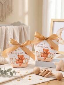 6pcs Teddy Bear Baby Shower Gift Bags With Gold Ribbon, Teddy Bear Theme Birthday, Wedding Favors, Gender Reveal Party, 1st Birthday Party - Brown Teddy Bear - View 8
