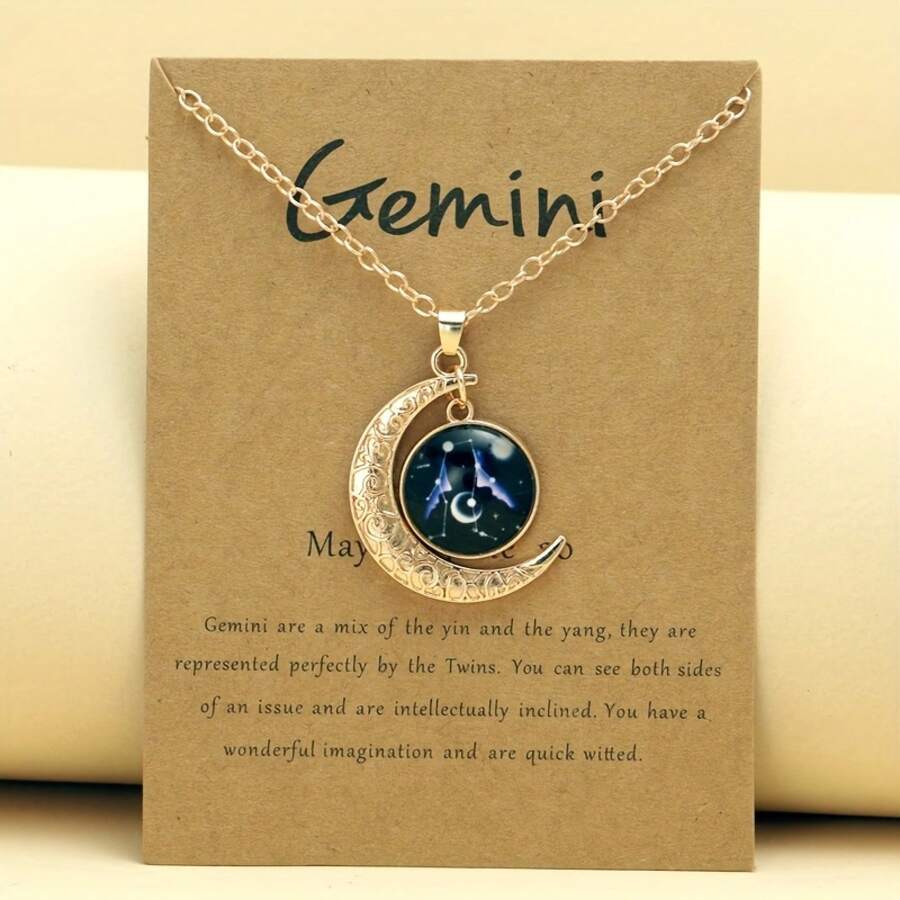 1 Retro Zodiac Moon Pendant Necklace That Glows In The Dark - Vintage Style, Zinc Alloy With Details, Adjustable Chain For Women - Ideal For Everyday Wear And Gifts - 金色雙子座 - 查看 1