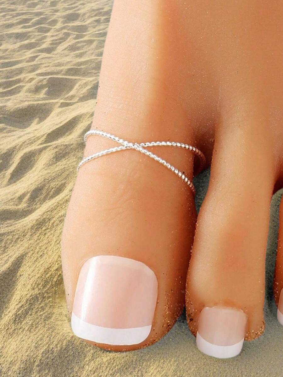1 pieza Anillo de dedo del pie con línea cruzada geométrica, accesorio de joyería de pie estilo minimalista para vacaciones para mujeres - Plateado - Ver 1