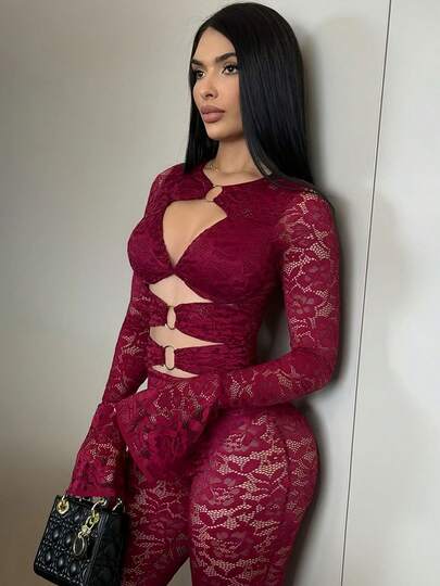 Lace Cutout Two-Piece Outfit Flare Pants Set Elegant Long Sleeve Top & High Waist Pants For Women Party Clubwear