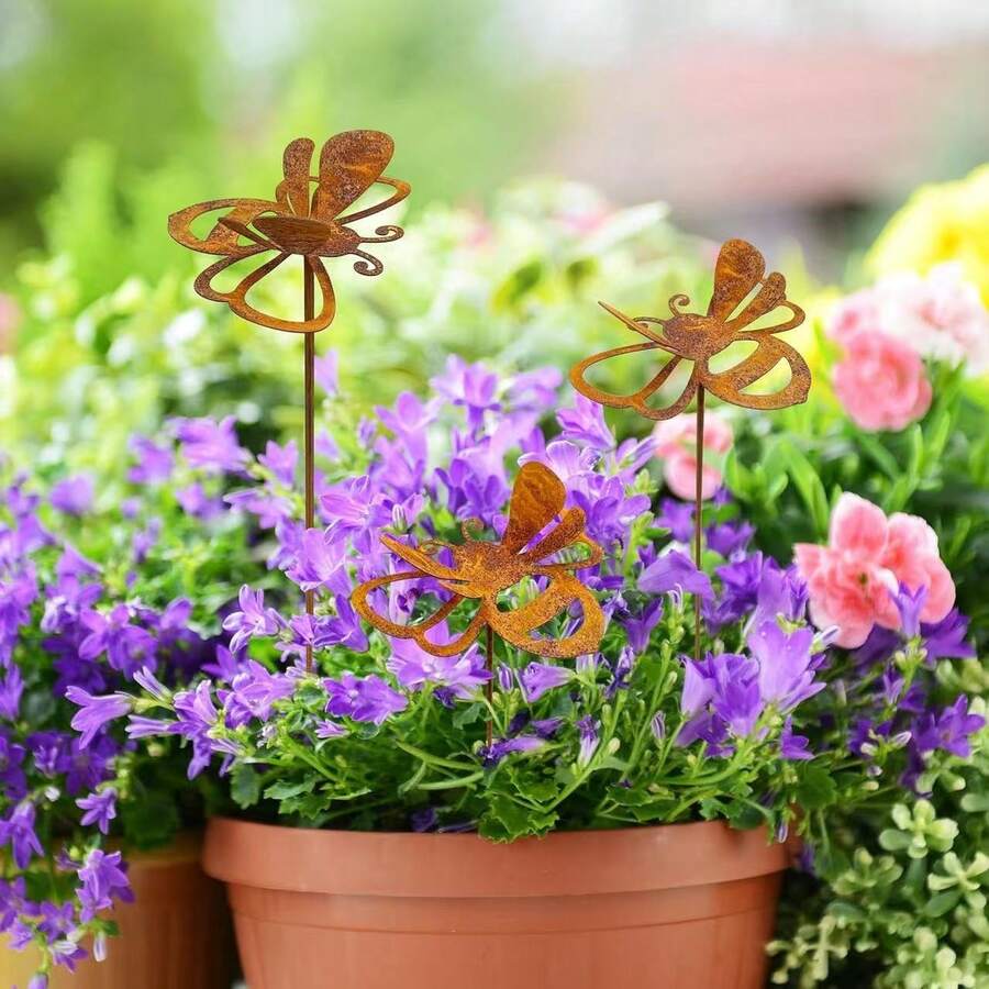 1pc Vintage Embroidered Color Iron Garden Statue, Size 15.75in, Dragonfly, Butterfly, Bee Hollow Design, Country Garden Decor, Perfect As A Holiday Gift For Patio, Lawn, Garden Yard