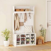 HOMCOM Garderobenständer Mit Sitzbank, Kleiderständer Mit Ablage, Schuhregal, 6 Haken Für Flur, Wohnzimmer, Schlafzimmer, White, Höhe 172.2 Cm - White - View 10