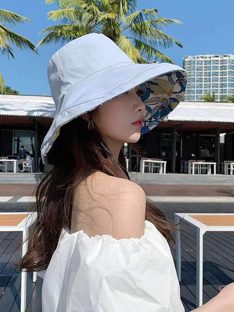女款雙面花卉印花防曬漁夫帽，夏季防紫外線防風寬帽簷全臉遮陽帽 [無繩] - 顏色 - 查看 1