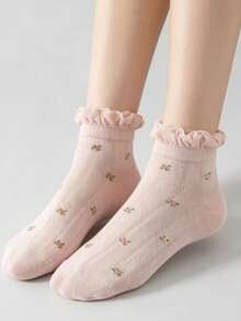5 Pairs Floral Pattern Ruffle Trim Ankle Socks, Breathable Hollow Out Women's Casual Socks - Multicolor - View 4