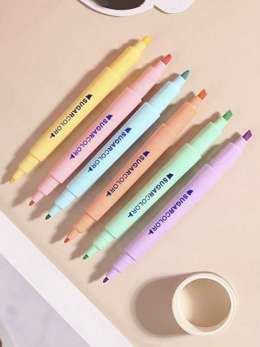 6pcs/Set 6-Color Dual-Tip Fluorescent Gel Markers, Highlighter Pen Set For Office And School Supplies, Back To School - Double-ended Highlighter - View 1