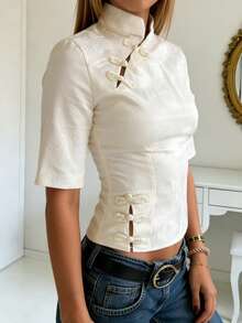 New Chinese Style Oblique Collar Frog Button Short Sleeve, Stand Collar Waist-Cinching Jacquard Short Top, Gentle Elegant, Satin Texture Slimming And Versatile, Suitable For Commuting And Dating - Beige - View 4