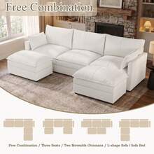 U Shaped Couch, Modern Modular Convertible Sectional, L Shaped Sofa With Removable Washable Covers, Deep Seat Cloud Couch With 300 LBS Per Seat Capacity For Living Room, Bedroom - White - View 5