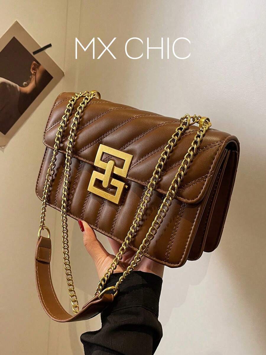 1 Pieza Bolso Cuadrado De Cierre De Bloqueo Con Bordado Y Rayas Para Mujeres Con Cadena Colorida, Adecuado Para Citas Y Regalos - Marrón - Ver 1
