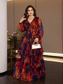Plus Size Women's New Elegant Romantic Floral Patchwork Design Swing Dress Vacation - Multicolor - View 4