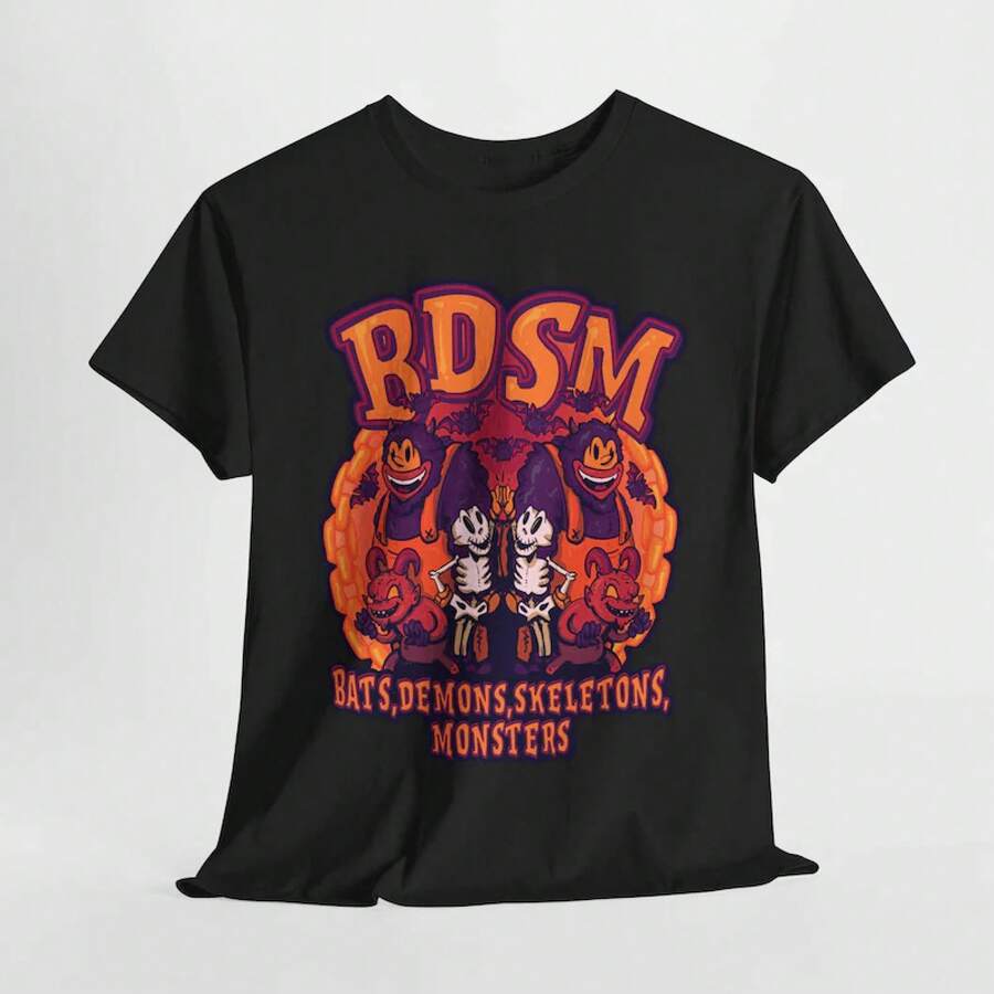 Camiseta Unisex de Algodón Grueso con Diseño de Murciélagos, Demonios, Esqueletos y Monstruos - Negro - Ver 1