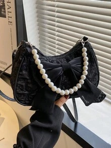Fashionable Pearl Chain Handbag Shoulder Bag - Black - View 2