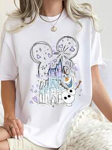 (Loose Fit)Disney Frozen Olaf Castle Sketch Graphic T-Shirt For Women, Breathable Cotton Crew Neck Tee, Casual Summer Tops De Mujer - White - View 2