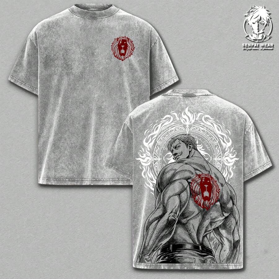 Escanor T-Shirt – Oversized Graphic Anime T-Shirt From The Seven Deadly Sins, Thick Cotton T-Shirt With Acid Wash Effect, Vintage Urban Sleeve Clothing, Unisex Casual Wear - 深灰色 - 查看 1