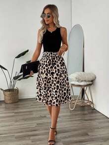 Leopard Print Sleeveless Round Neck Elegant Dress For Women, Spring/Summer - Black - View 4