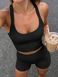 2pcs Women's Summer Casual Sports Set, Off-Shoulder Top And High Waist Shorts, Suitable For Running, Yoga And Other Workouts - Black - View 10