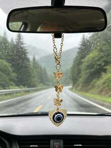 1pc Evil Eye Heart Car Hanging Ornament, Crystal Butterfly Gold Chain Rearview Mirror Pendant, Auto Interior Decor Accessories - Devil Butterfly Chain - View 9