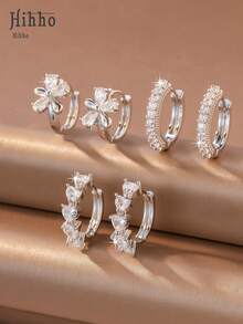 Hihho 6 Stücke/Set Zirkonia Stein Ohrringe Set, Blumen- & Herz-Designs, süßer & lebendiger Stil, beinhaltet Kleeblatt, Cut Out Pavé, minimalistischer Creolen und Kleeblatt Anhänger Stile, dichte Zirkonia Einbettung mit glänzender Oberfläche, geeignet für den täglichen Gebrauch, den Arbeitsweg und leichte gesellige Anlässe - Silber - Übersicht 7
