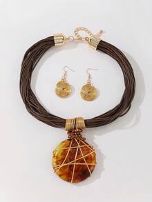 Bohemian Resin Pendant Multi-Strand Wax Rope Necklace And Earrings Set, Wedding And Daily Wear Jewelry - Brown - View 1