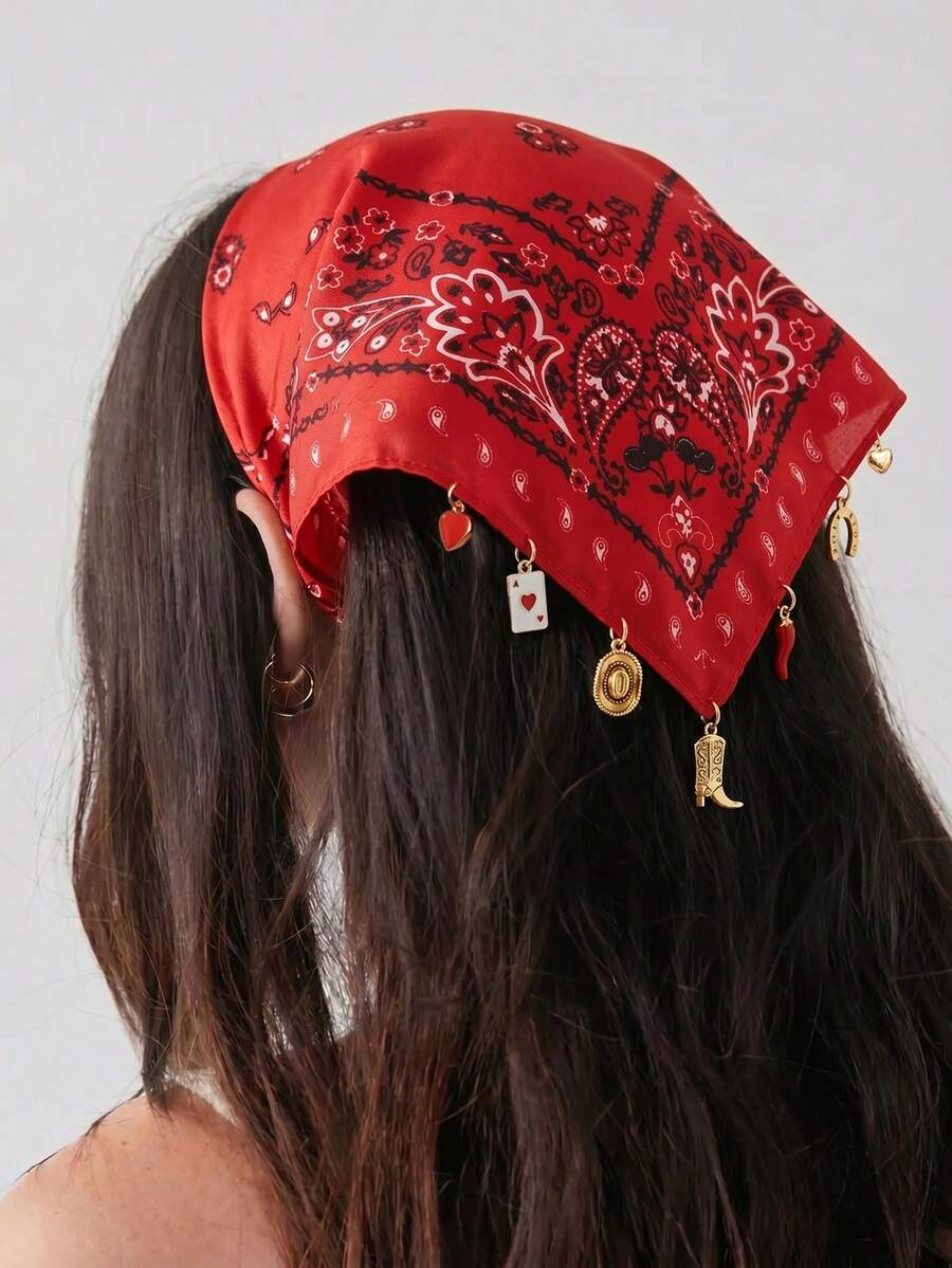 1件西式女款時尚波希米亞佩斯利印花頭巾髮帶,附心形馬蹄辣椒靴西式帽子吊飾裝飾,適合日常百搭度假髮飾 - 紅色 - 查看 1
