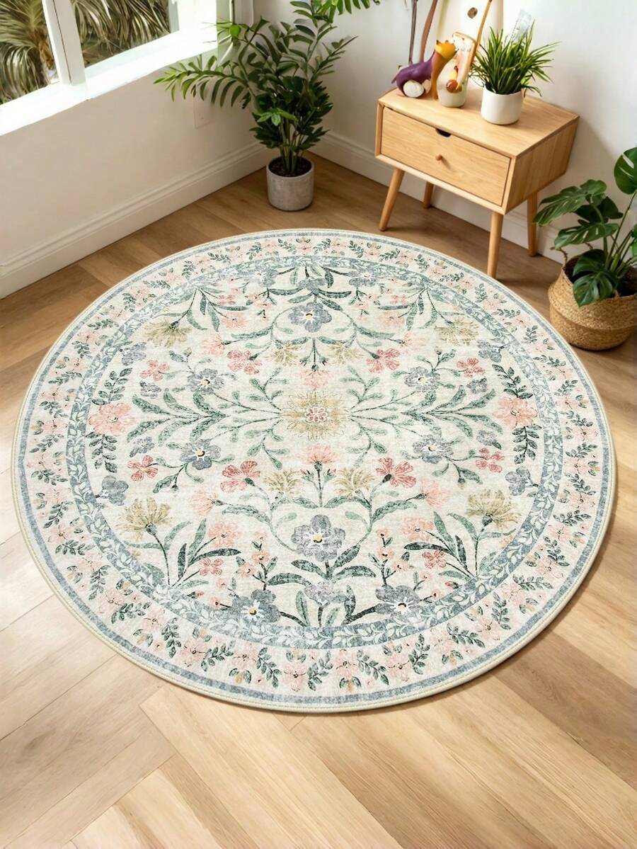 1pc Round Vintage Floral Area Rug, Decorative Carpet, New Vintage Living Room Round Rug, Study Leisure Vanity Rug, Short Pile Home Use Washable Foldable, Closet Floor Mat, Suitable For Bedroom, Indoor Rooms, Home Decor Rug - Multicolor - View 1