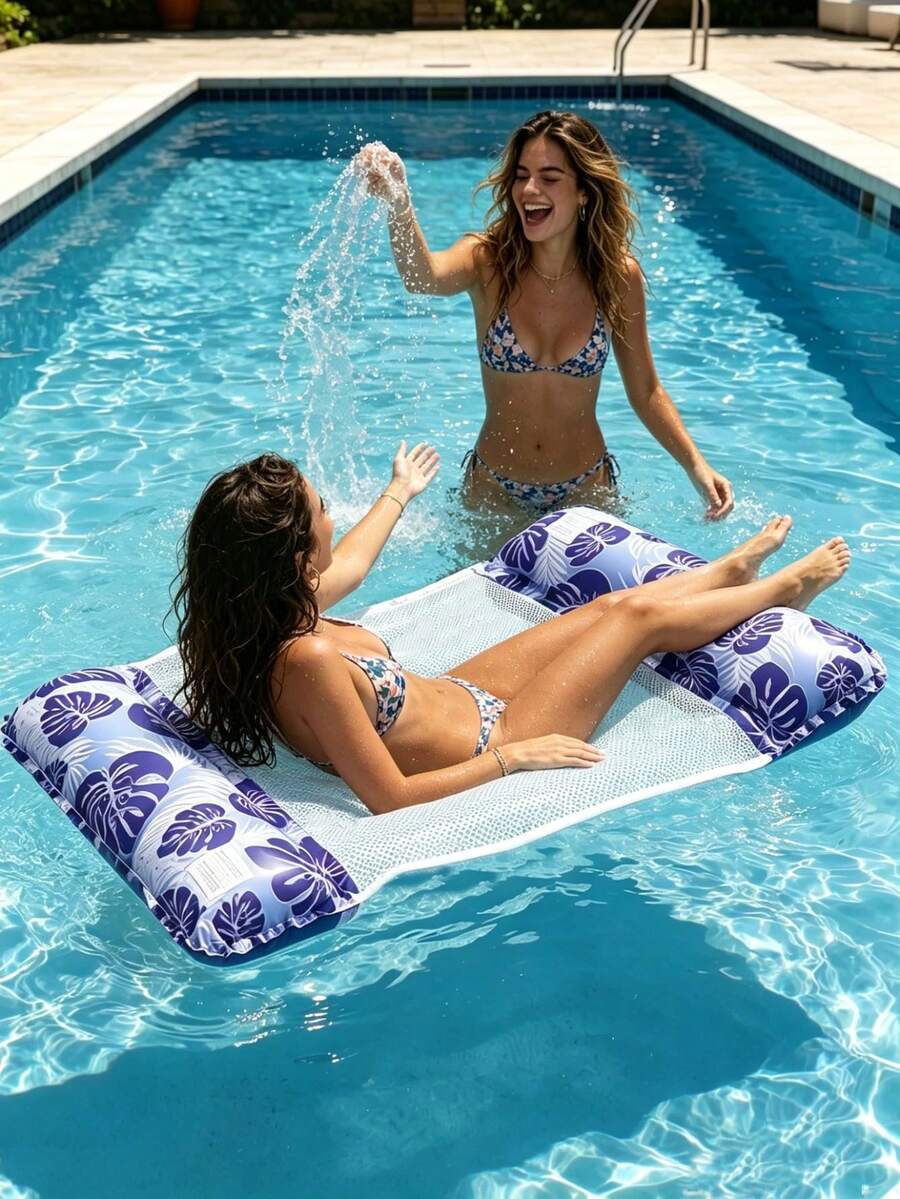 Mesh Inflatable Pool Hammock, Water Lounge Chair, Sequin Flower Inflatable Double Floating Bed, Summer Pool Supplies, Adult Summer Pool Beach Party Accessories, Perfect Gift For Pool Or Beach Relaxation - Multicolor - View 1