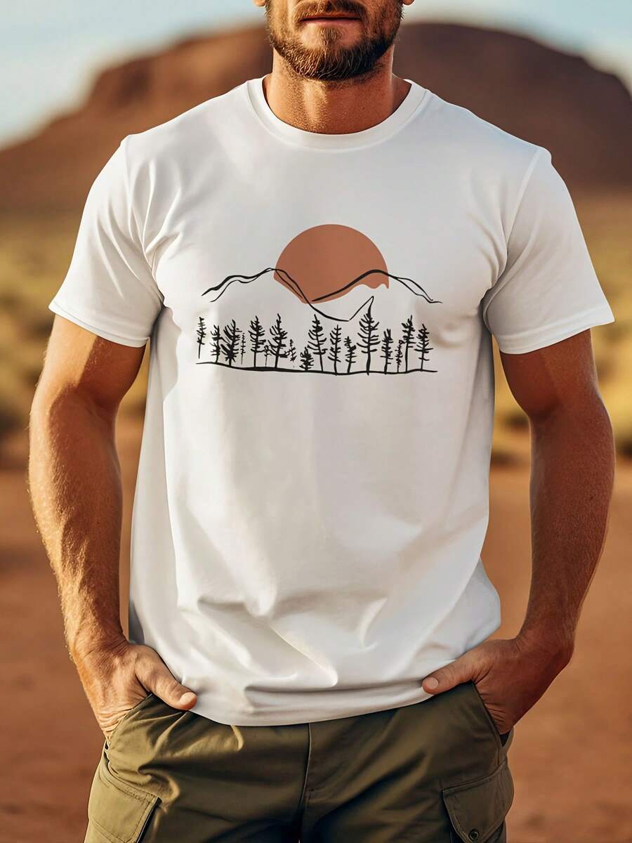2026 Men's T-Shirts: Lightweight Men's T-Shirt With A Beautiful Sunset Mountain Design - Casual Short Sleeve Crew Neck Summer T-Shirt, Machine Washable, Ideal - 白色 - 查看 1