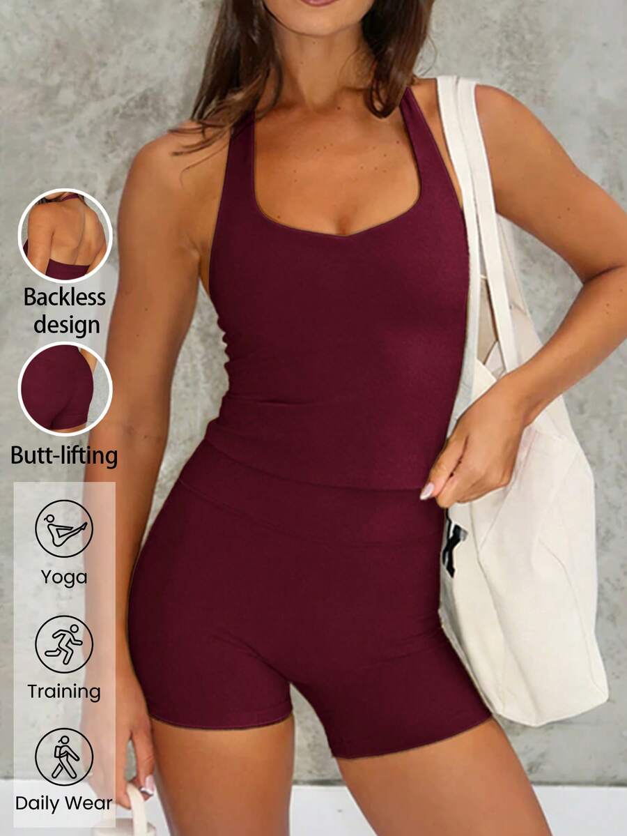Bộ 2 món nữ xuân/hè màu đỏ rượu vang, áo camisole cổ yếm casual và quần short cạp cao cho tập gym, yoga, thể thao, chạy bộ, pilates, đạp xe - Màu Đỏ Sâu - Xem 1