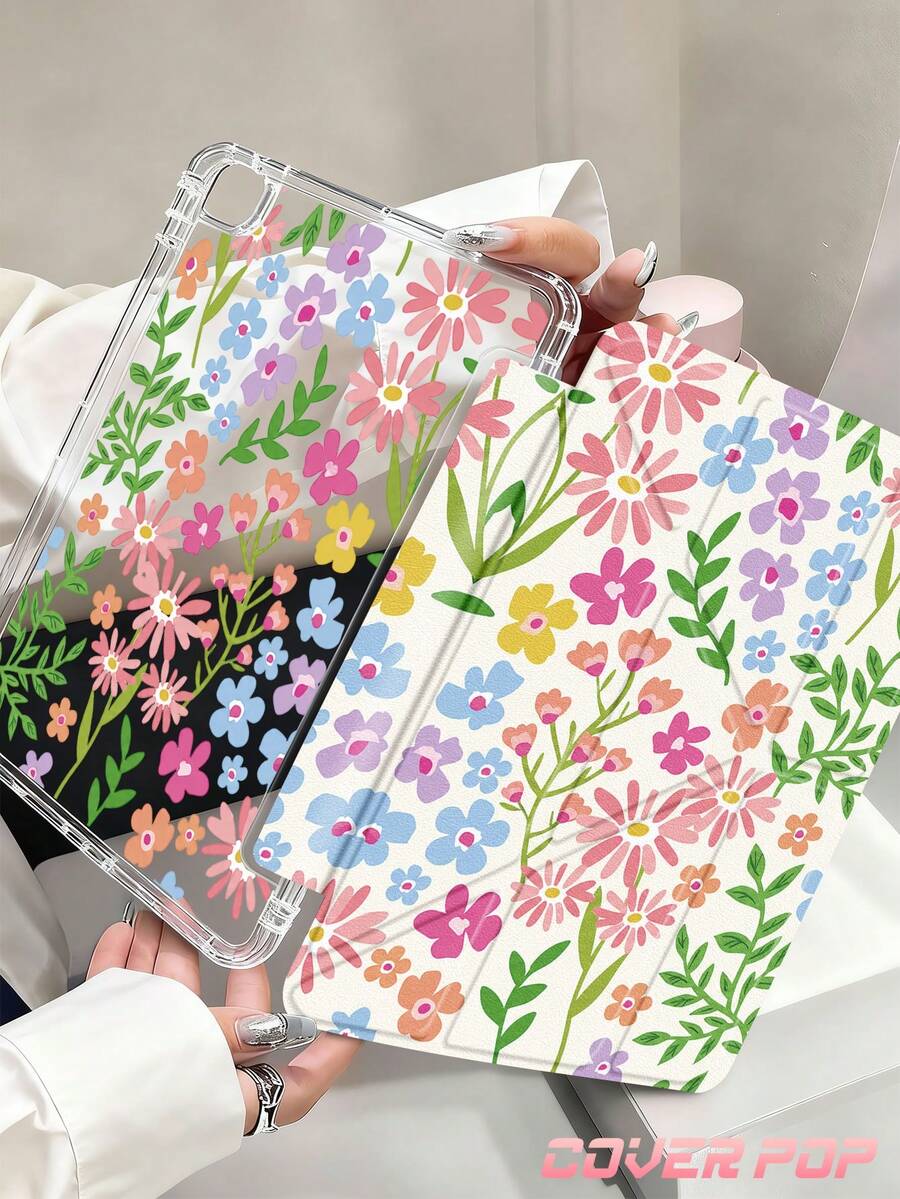粉色花卉印花平板保護殼，相容 iPad 9.7/10.2/10.5/10.9/12.9/Pro 11、第 10 代，相容 Galaxy Tab S6 Lite 10.4 吋，相容 Kindle Paperwhite 第 12 代 2024、Kindle（第 11 代 - 2024 發布），柔軟防摔，智慧支架/自動喚醒/睡眠，Y 型折疊平板保護套，多角度觀看，少女風