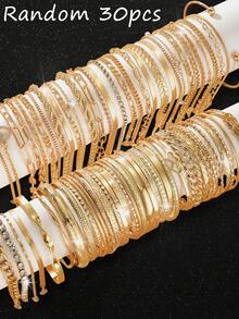 30/25/15/10pcs Geometric Rhinestone Bangle & Bracelet Set, Bling Bling Sparkling Heart, Star, Twist, Round, Snake Chain, Box Chain, Metal Design, Fashion, Elegant, Vintage, Suitable For Holiday, Party, Gift, Daily Wear - Yellow Gold - View 14